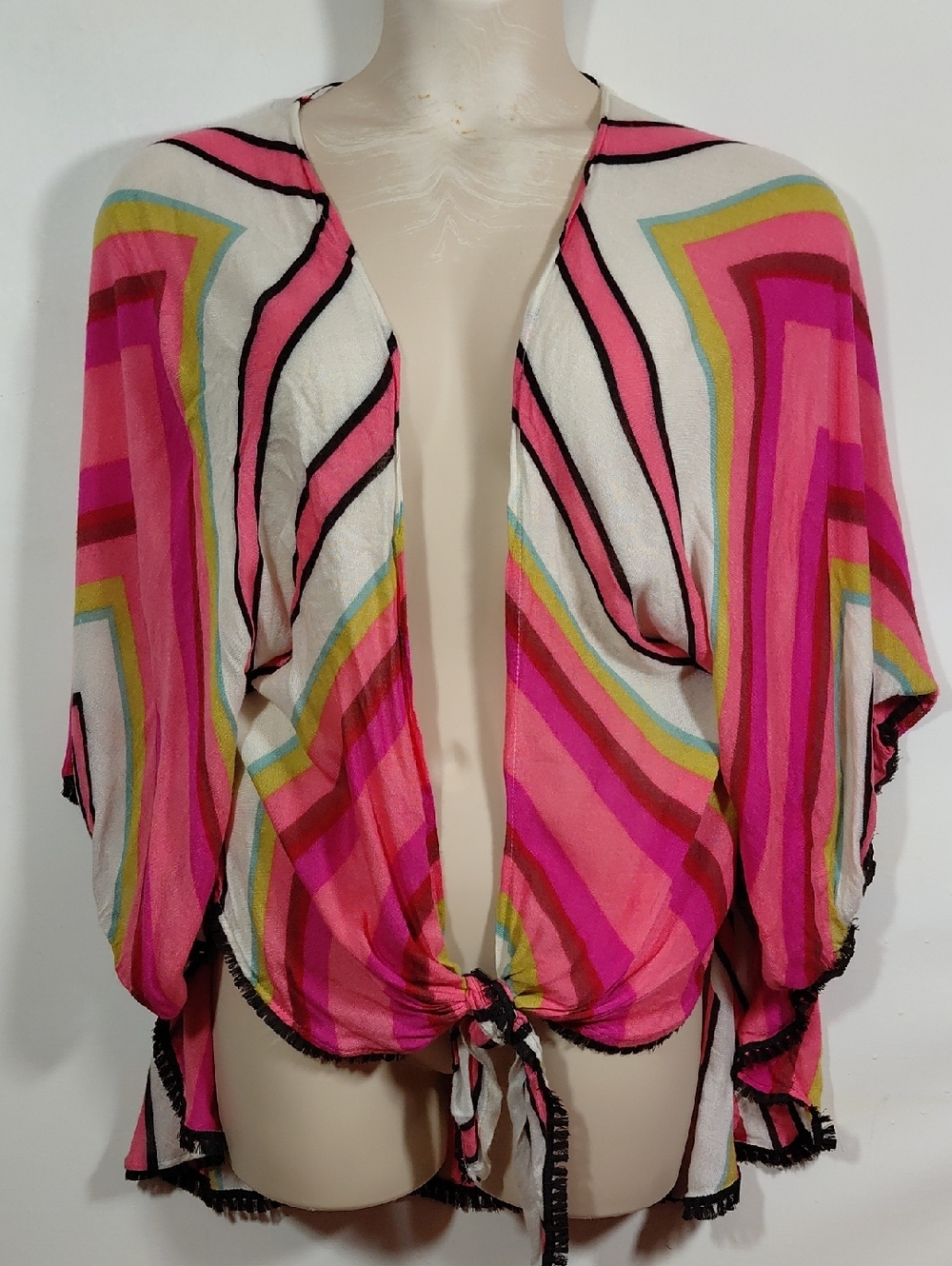 Express Vibrant Pink & Yellow Striped Dolman Sleeved Open Front Top OS
